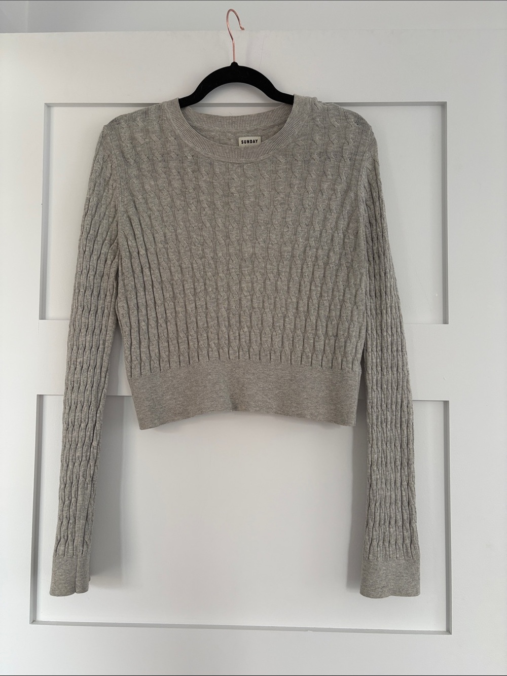 Sunday Best Cable-Knit Crewneck Sweater in Light Gray